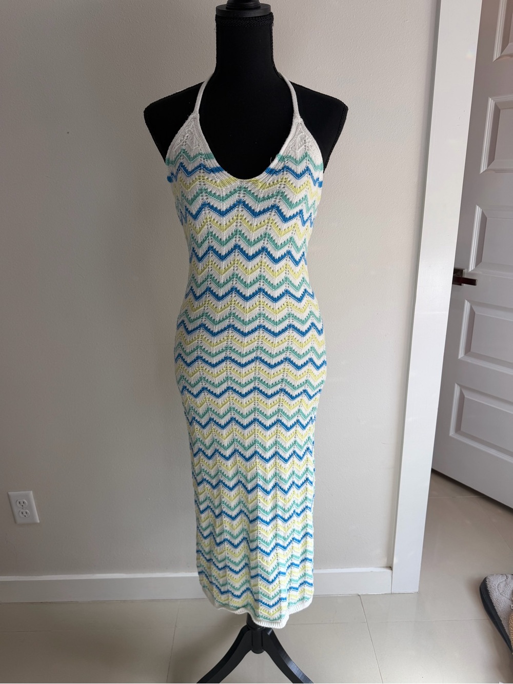 Freshman Knit Maxi Dress in White, Blue & Green